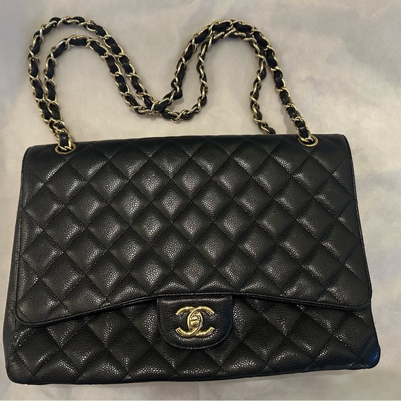 AUTHENTIC CHANEL CAVIAR LEATHER SINGLE FLAP BLACK AND GOLD HARDWARE MAXI EXCEL - Picture 1 of 12